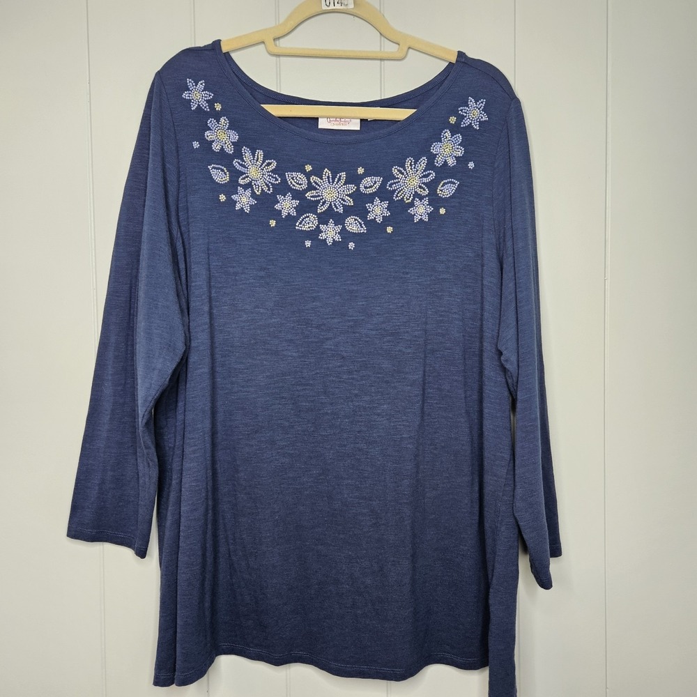 Quaker Factory By Jeanne Bice 1X Navy Blue Floral Beading Long Sleeve